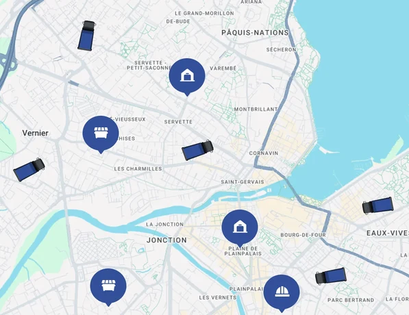 Nereva Transport back office, Dashboard module: the real-time fleet tracking map, with five trucks on a mission, the sites, the depots and the warehouses around Geneva