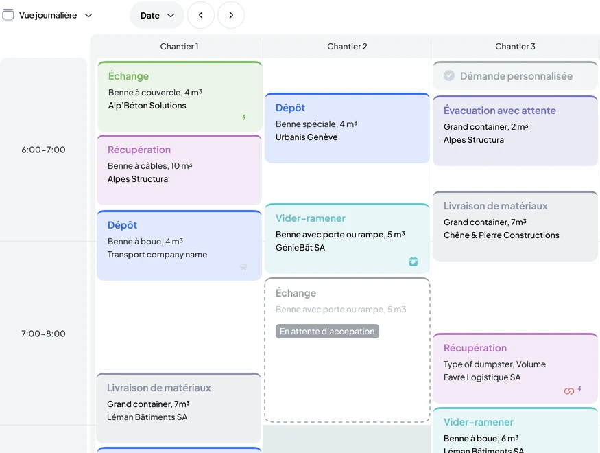 Construction back office: schedule by site with drops, exchanges, empty-and-return and material deliveries