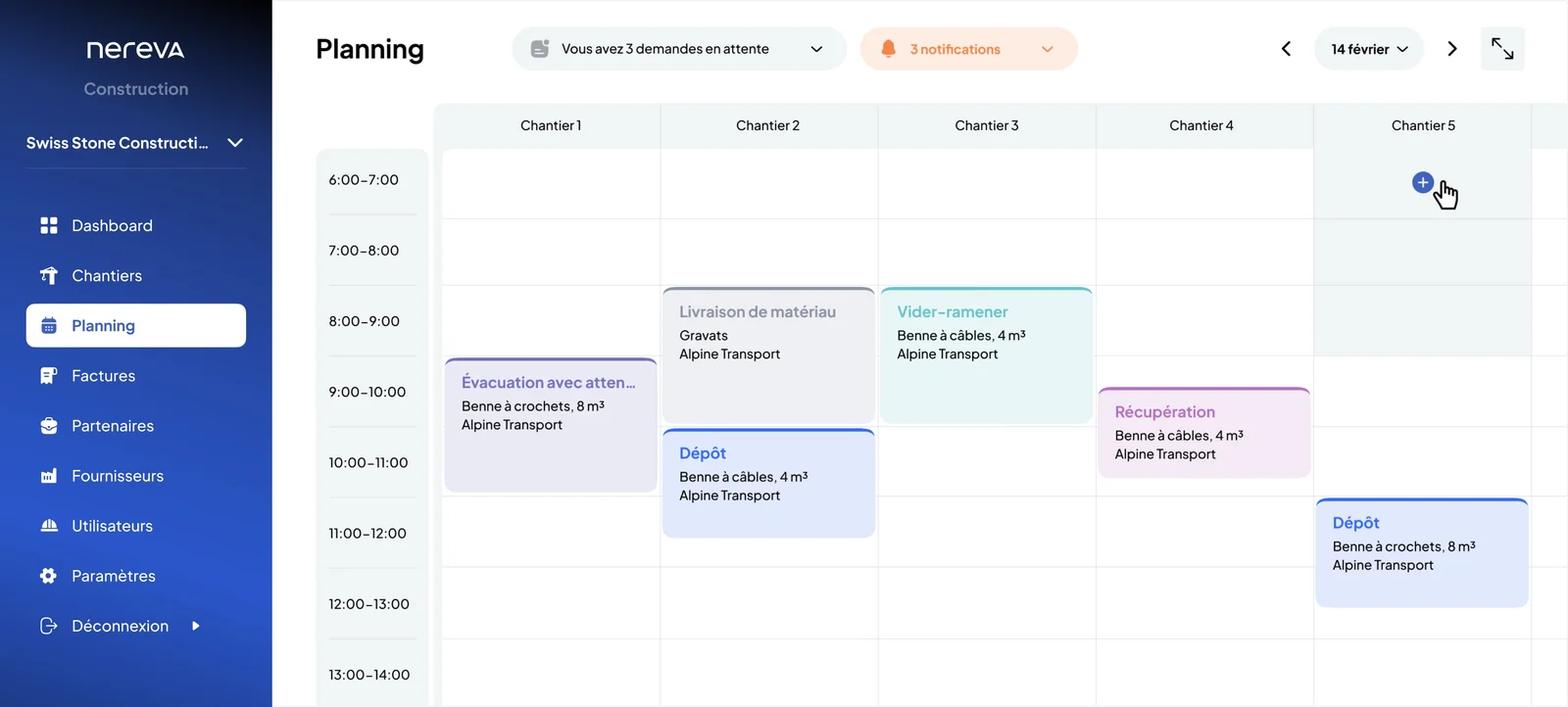 Planning agenda multi-chantiers : créneaux, missions et dépôts