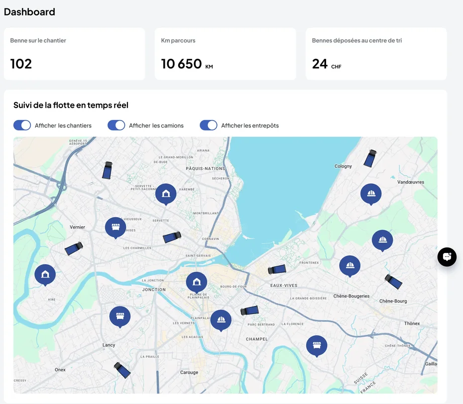 Nereva Transport back office dashboard: skips on sites, kilometres travelled, skips dropped at the sorting centre and real-time fleet tracking on the map, with the sites, the trucks and the depots