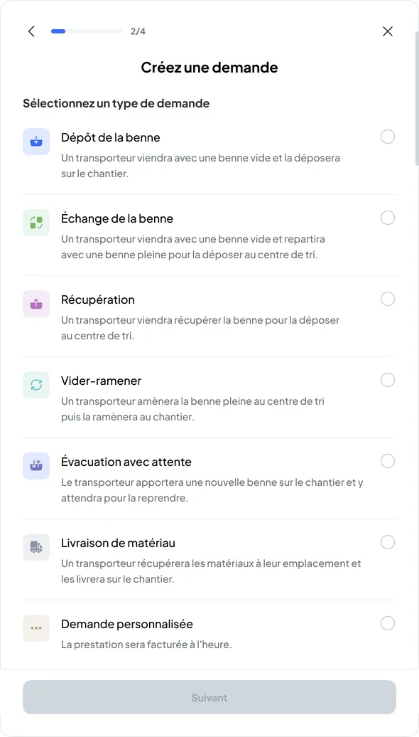 Create a request window of the Nereva Transport back office: the seven request types, skip drop-off, skip exchange, collection, empty and return, removal with waiting, materials delivery and custom request