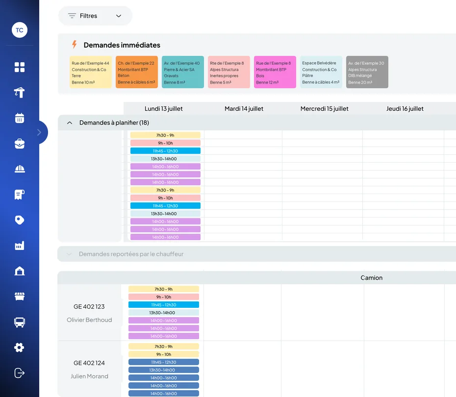 Weekly schedule of the Nereva Transport back office: immediate requests, requests to schedule day by day and missions per truck and per driver