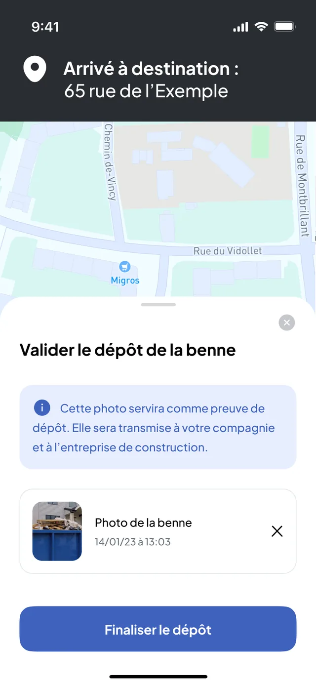 Nereva Transports: arrived at destination, validation of the skip drop-off with the photo of the skip taken on the spot and the Finish drop-off button