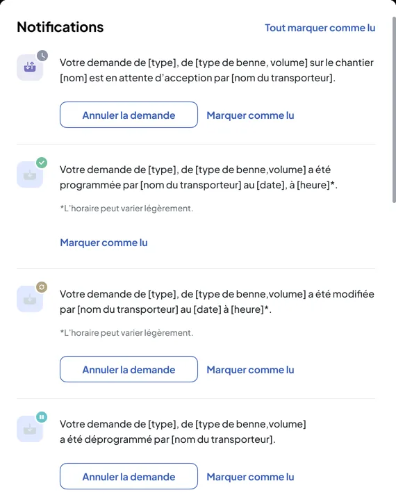 Nereva Construction back office: the site’s notification list, request awaiting acceptance, scheduled, modified or unscheduled by the carrier (mock-up placeholders)