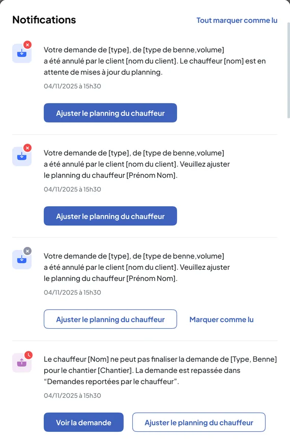 Nereva Transport back office: the operations notification list, requests cancelled by the client to be rescheduled and request postponed by the driver (mock-up placeholders)