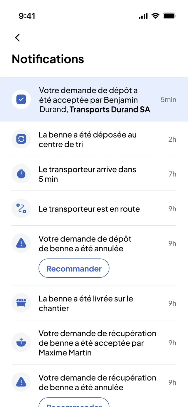 Nereva Commandes app: the site’s notifications, drop-off request accepted by the carrier, skip dropped at the sorting centre, carrier on the way, cancelled request to be reordered (fictitious data)