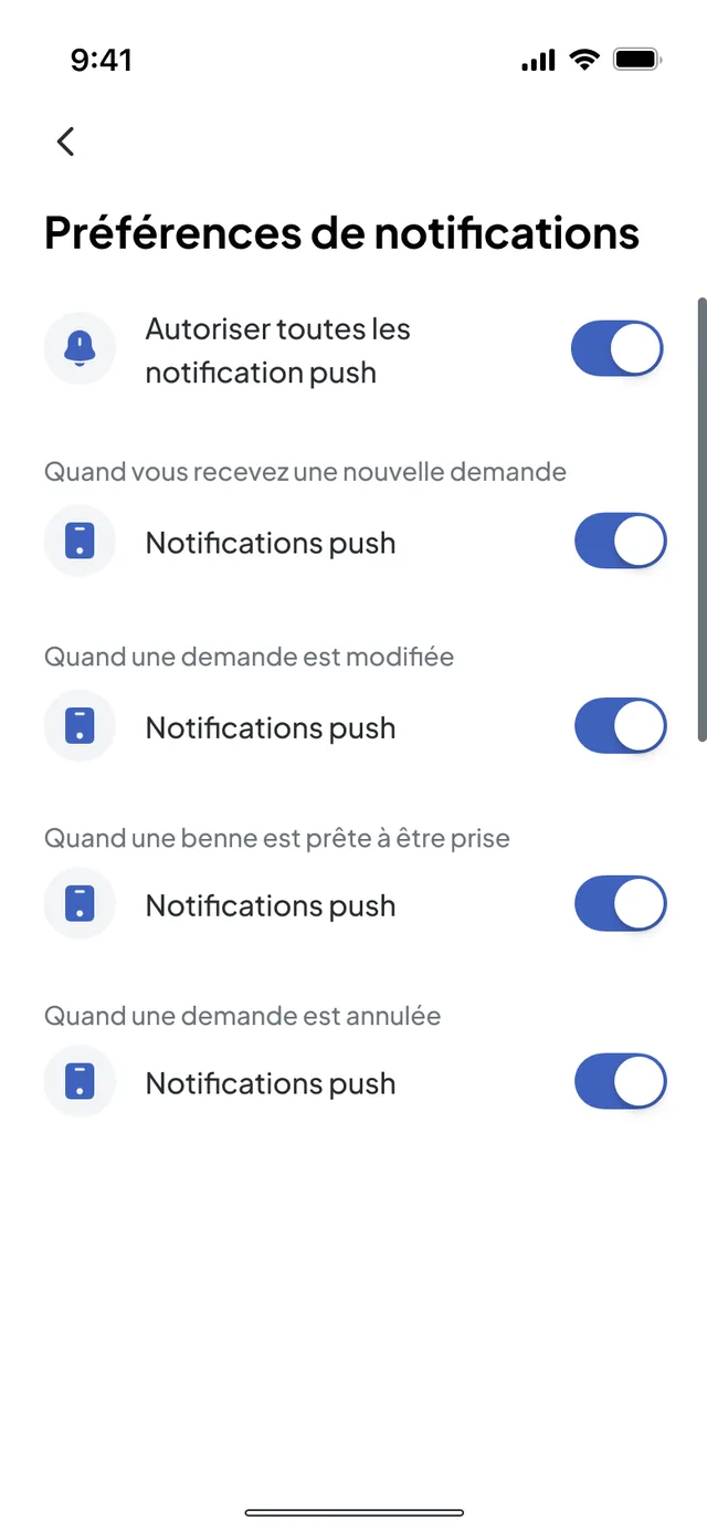 App Nereva Transports: die Push-Benachrichtigungseinstellungen des Chauffeurs, neue Anfrage, geänderte Anfrage, abholbereite Mulde, stornierte Anfrage