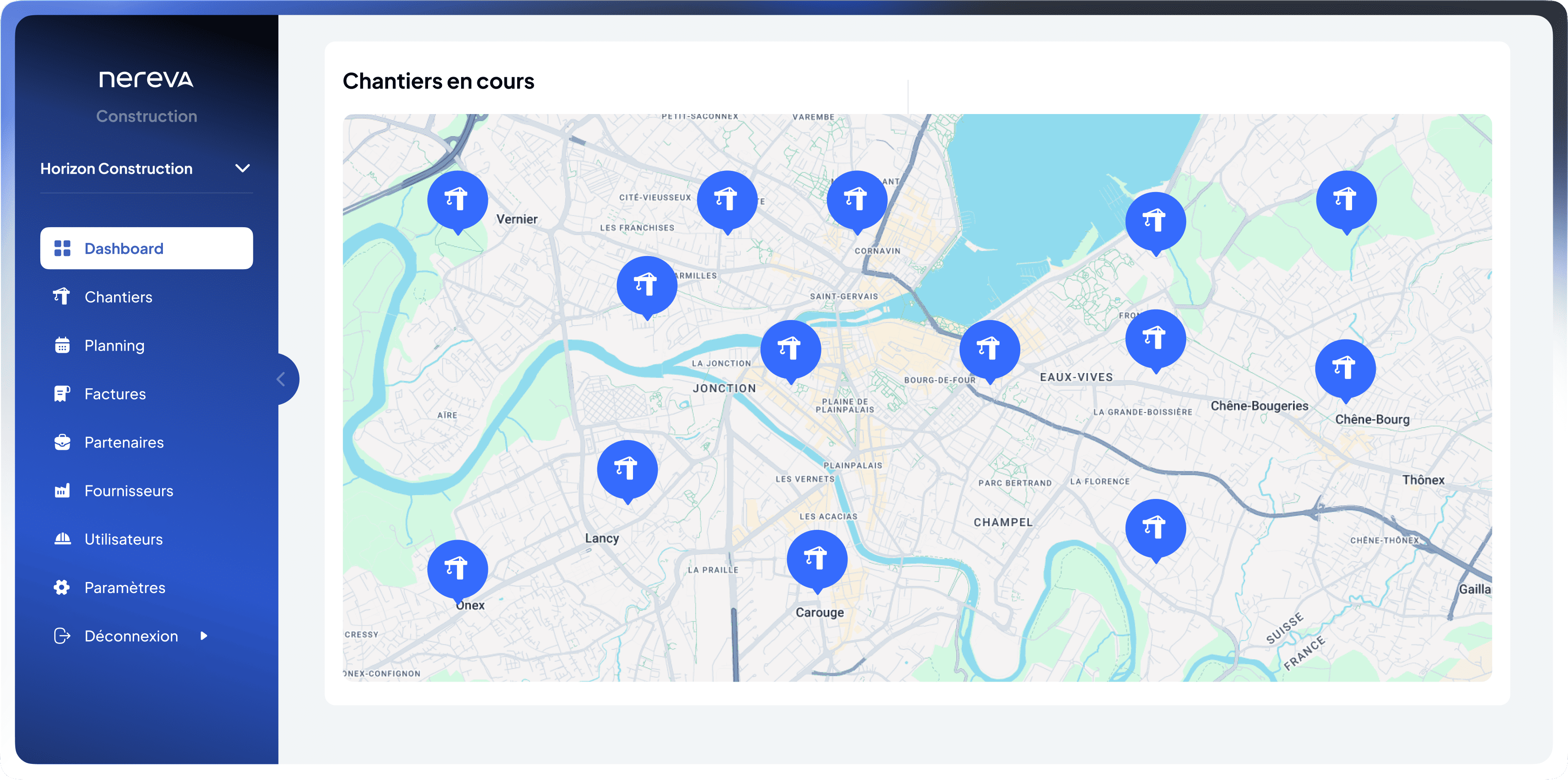 Construction site overview in Nereva back office