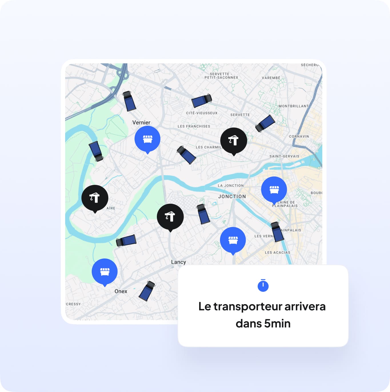 Map view of worksites and trucks in the Nereva back-office