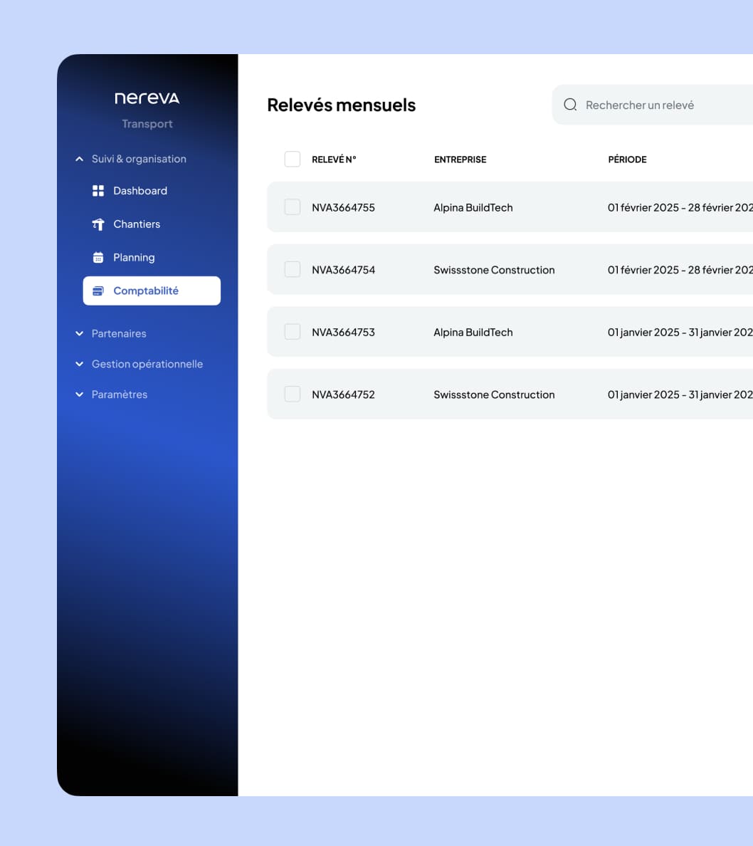 Nereva backoffice invoices page
