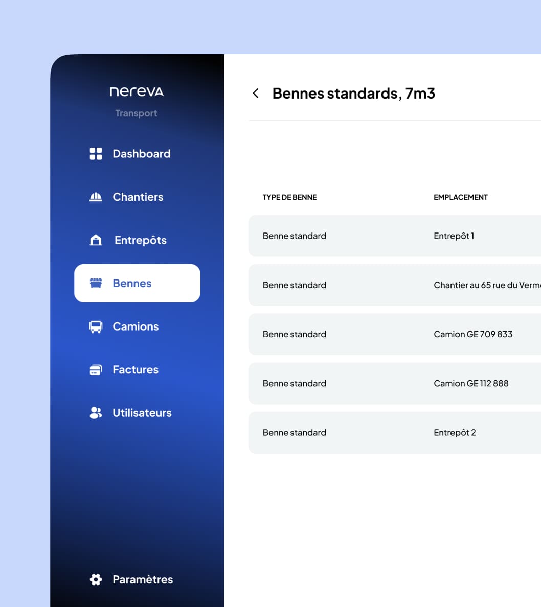 Nereva backoffice dumpsters page