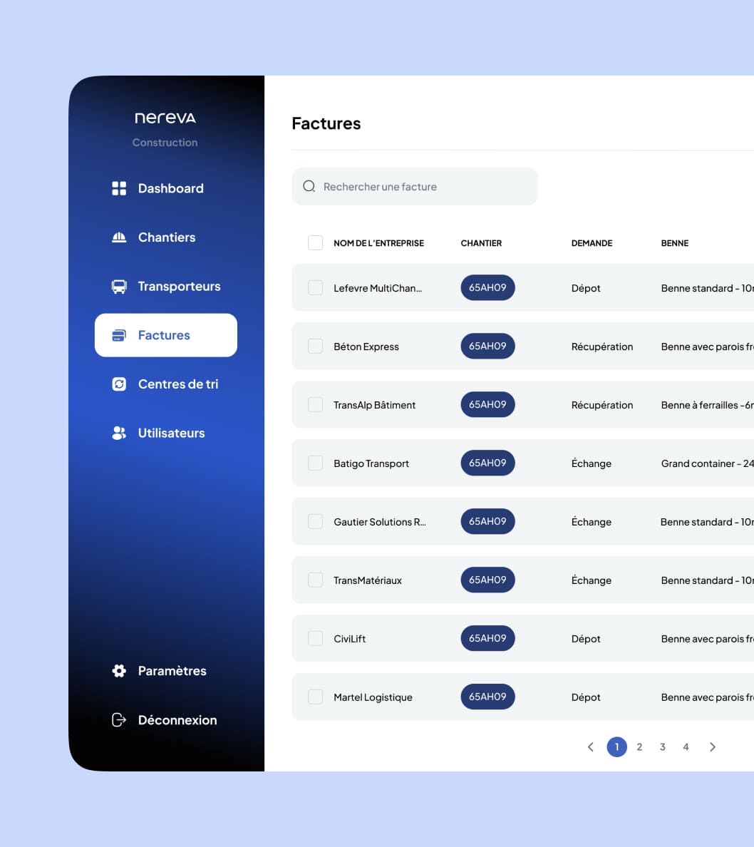 Nereva backoffice invoices page